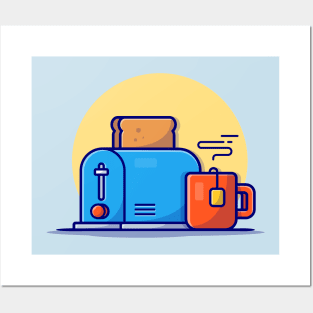 Toaster Bread And Tea Cartoon Vector Icon Illustration Posters and Art